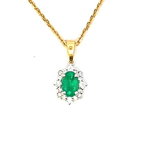 Emerald Diamond Halo Drop Pendant with yellow gold bail