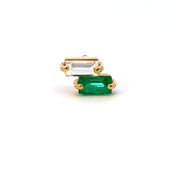 Baguette emerald and diamond single earring