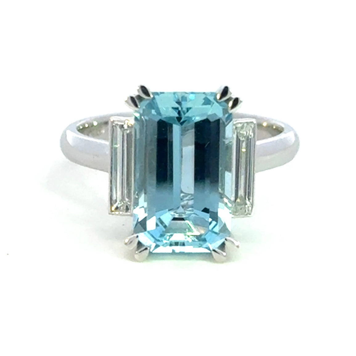 aquamarine and diamond deco style ring set with baguette diamonds