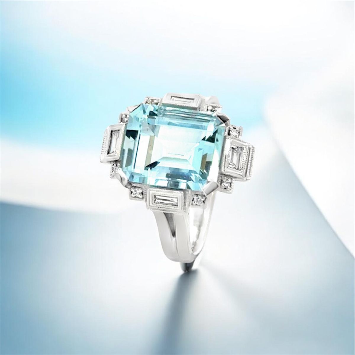 Aquamarine and Diamond Art Deco style ring