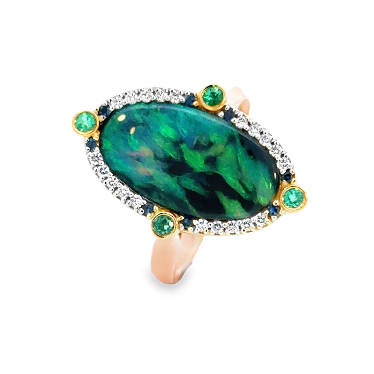 Handcrafted Australian solid black opal ring with diamonds, Australian sapphires and Paraíba tourmaline, vivid blue green colour play, Melbourne jewellery designer Trewarne.