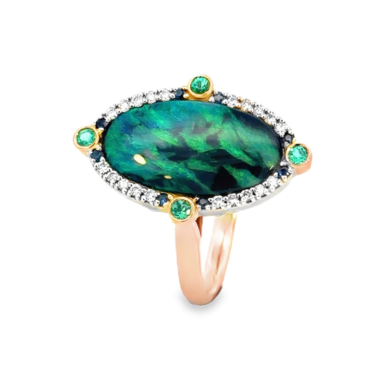 Handcrafted Australian solid black opal ring with diamonds, Australian sapphires and Paraíba tourmaline, vivid blue green colour play, Melbourne jewellery designer Trewarne.