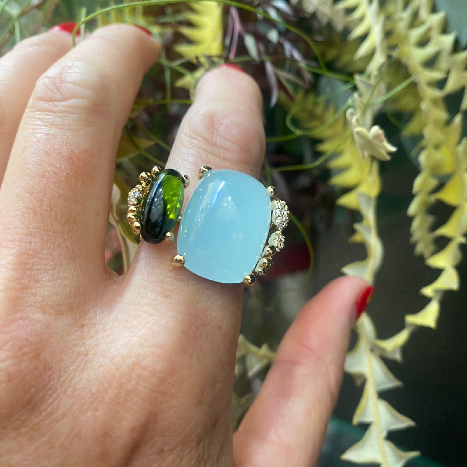 Ole Lynggaard BoHo ring Blue/Green Aquamarine and Green Tourmaline