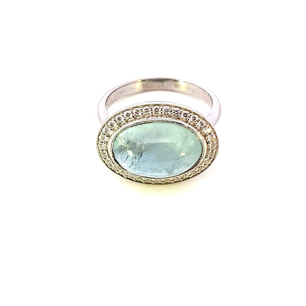 Cabochon Aquamarine and dia halo ring