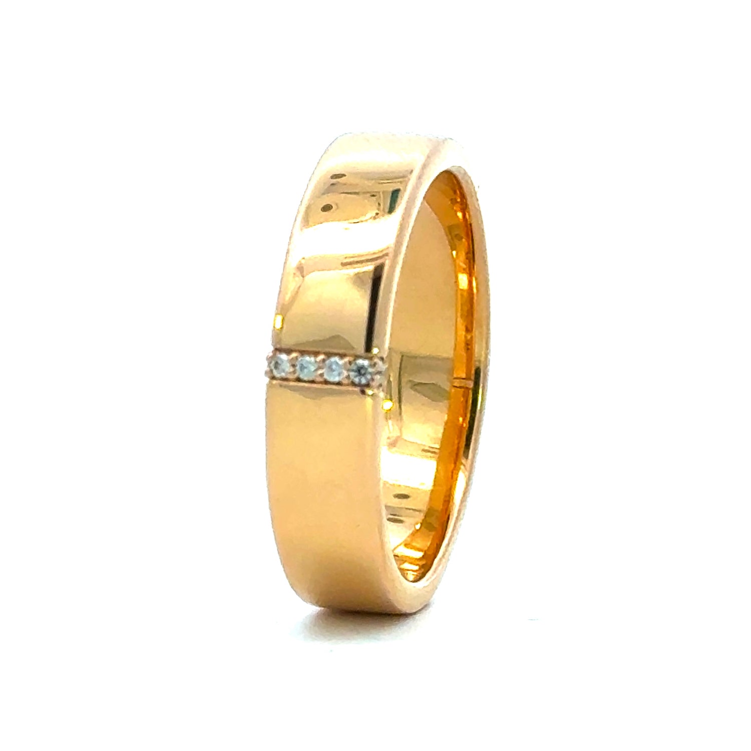 rose gold mens wedding ring set with diamonds in a belt around the width of the band
