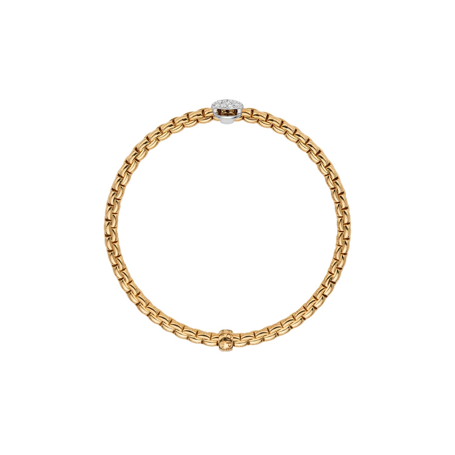 Fope Eka tiny bracelet in Yellow GOld with pave diamond medallion, profile view