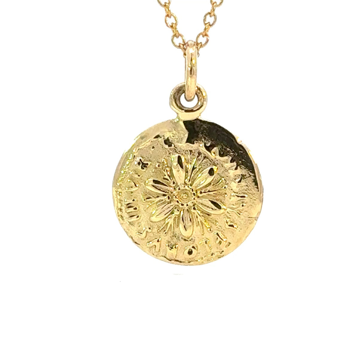 Gold pendant with a round, intricately designed flower motif ancient coin roman 18ct 9ct yellow gold