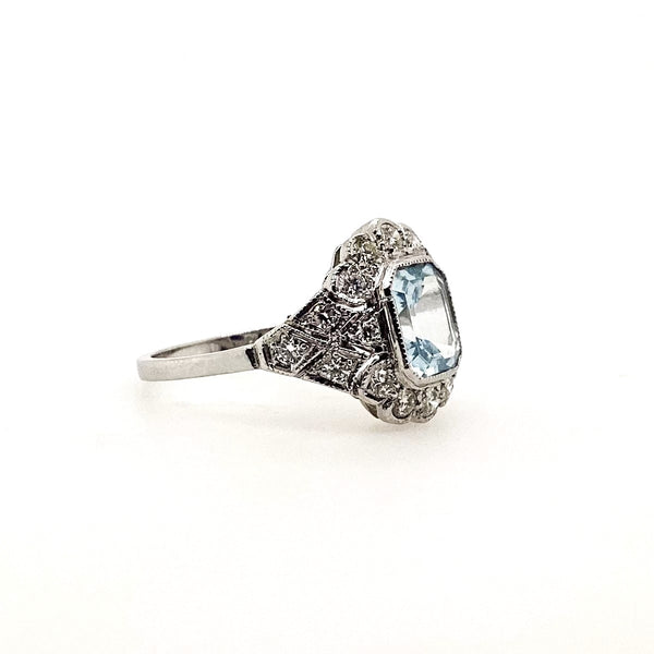 Art Deco Style Platinum Aquamarine and Diamond Ring