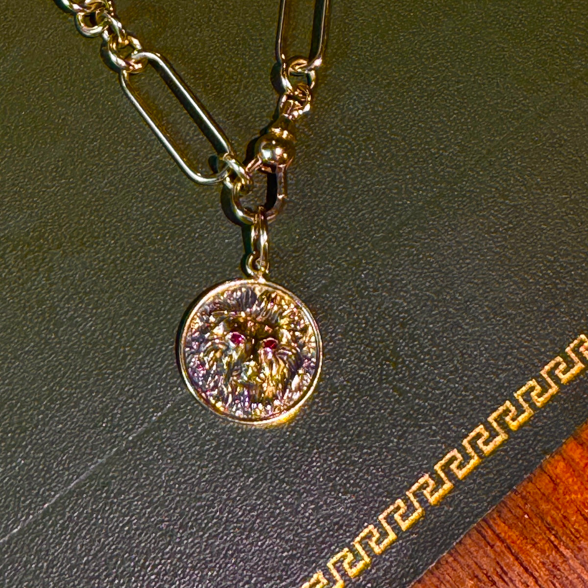 Gold lion courage necklace with a round pendant on a textured leather surface