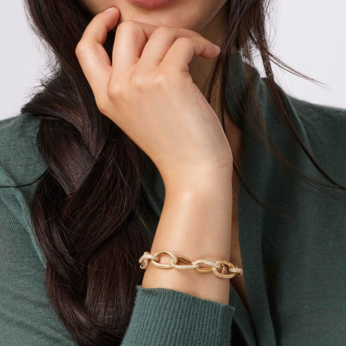 Lady wearing Ole Lynggaard Love Collier Bracelet with Pave Diamond links