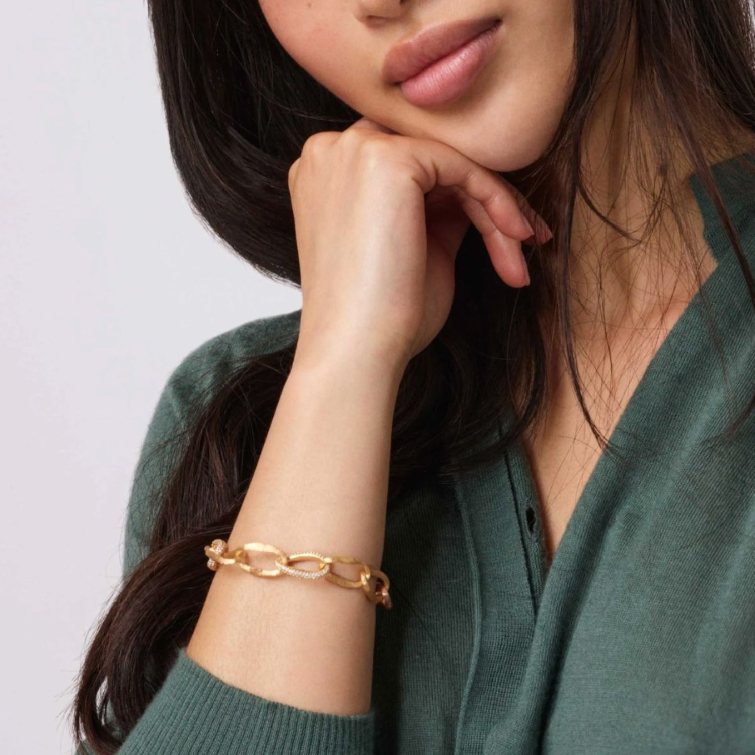 Ole Lynggaard Love Bracelet Medium worn on model with 3 pave diamond links