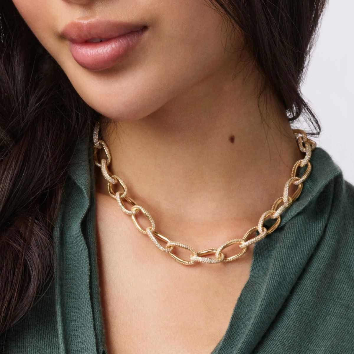 Model wearing Ole Lynggaard Love Collier Pave Diamonds Medium link