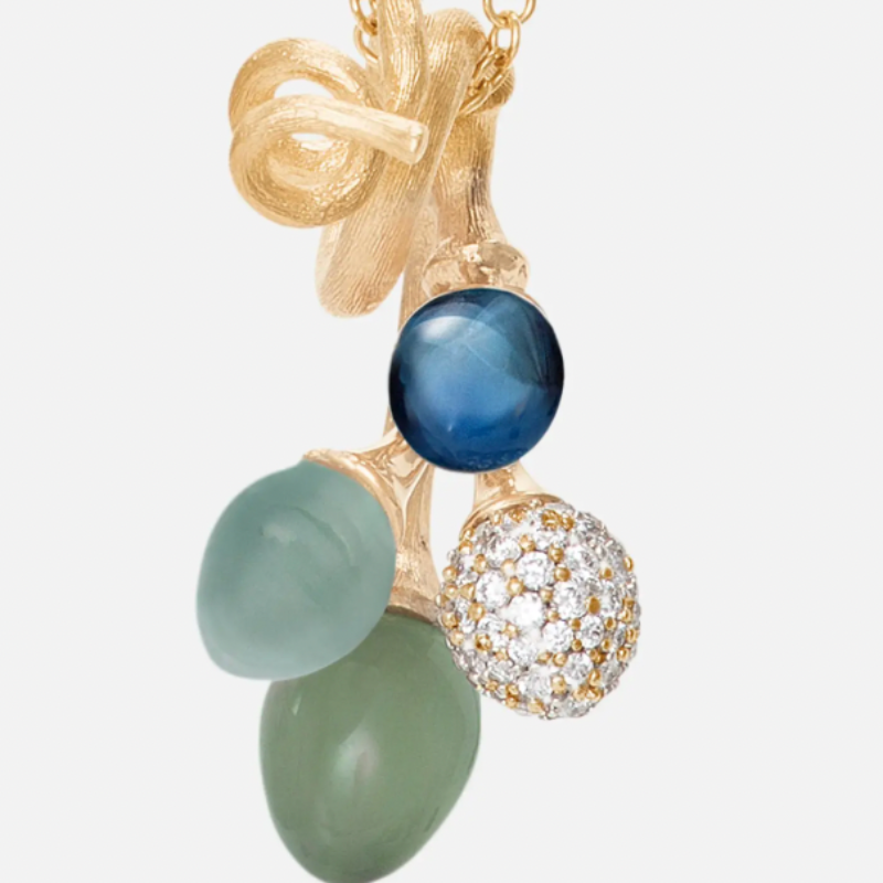 Pendant bunch lotus with aqua, serpentine, topaz and diamonds