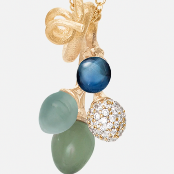 Pendant bunch lotus with aqua, serpentine, topaz and diamonds