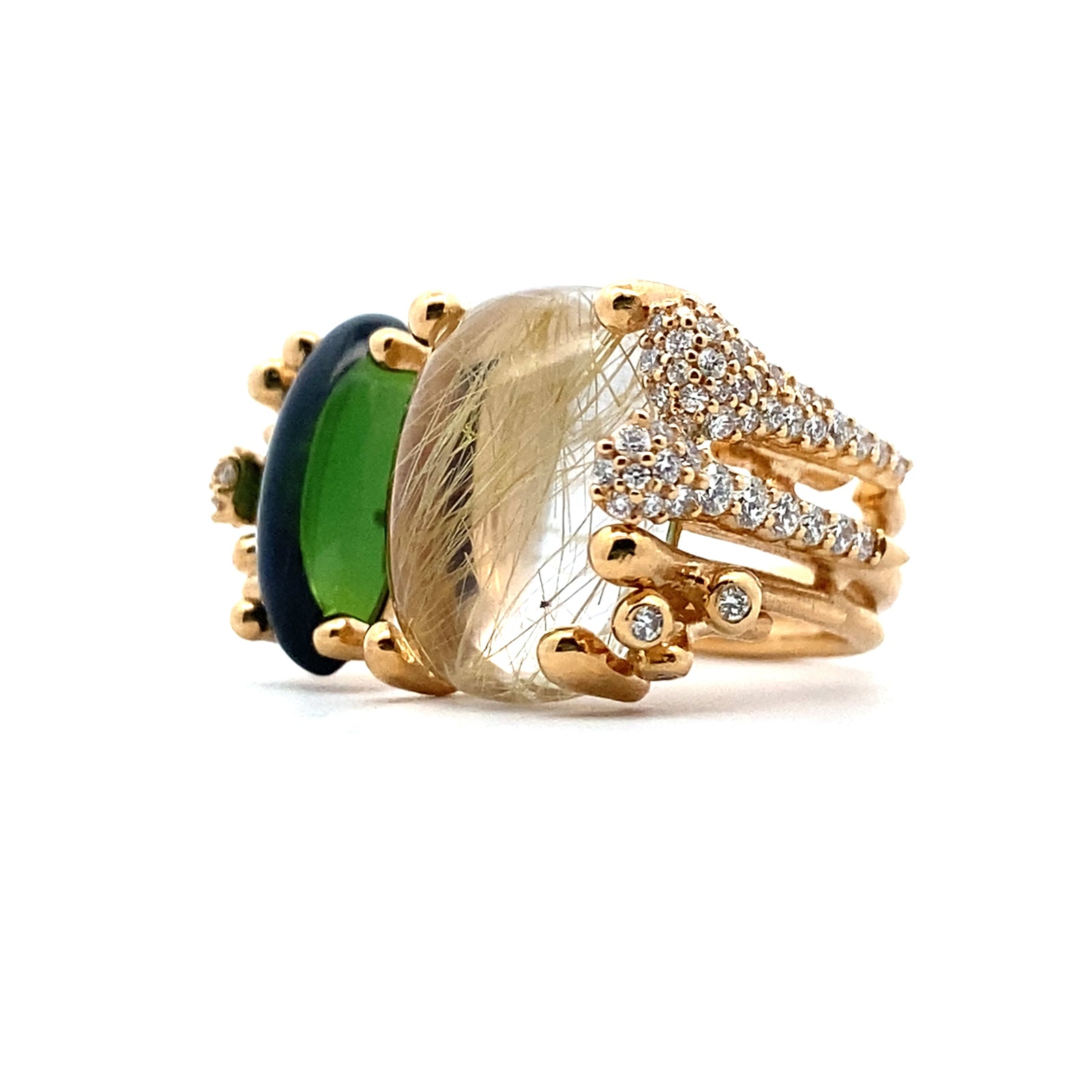 Golden Rutile, Tourmaline and Diamond BoHo Ring