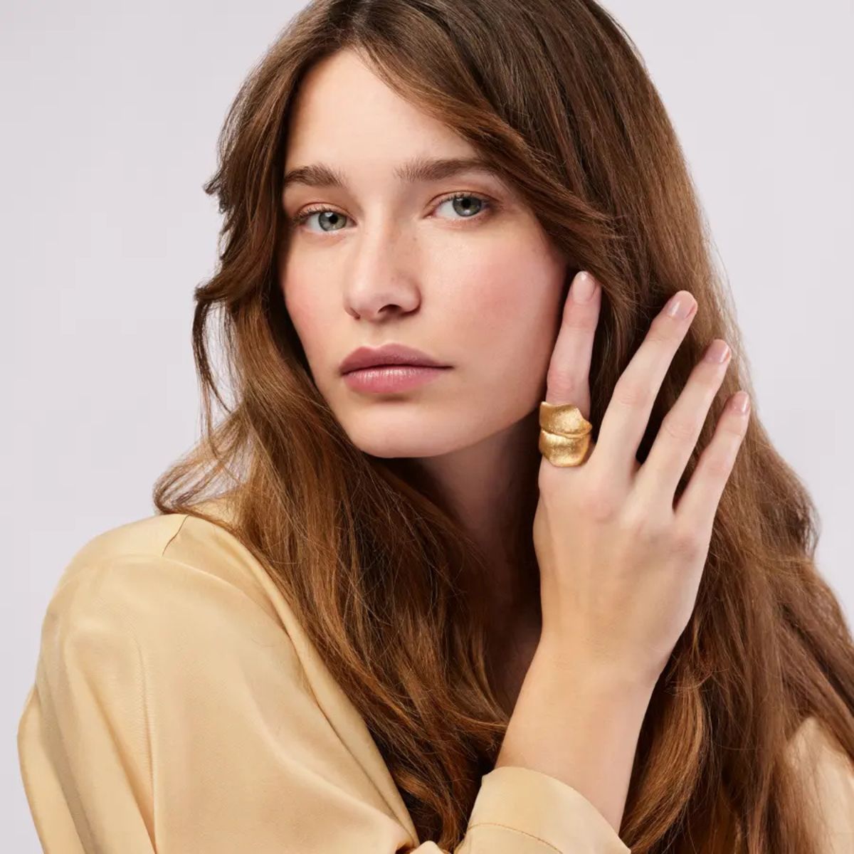 Ole lynggaard large leaf ring worn on model
