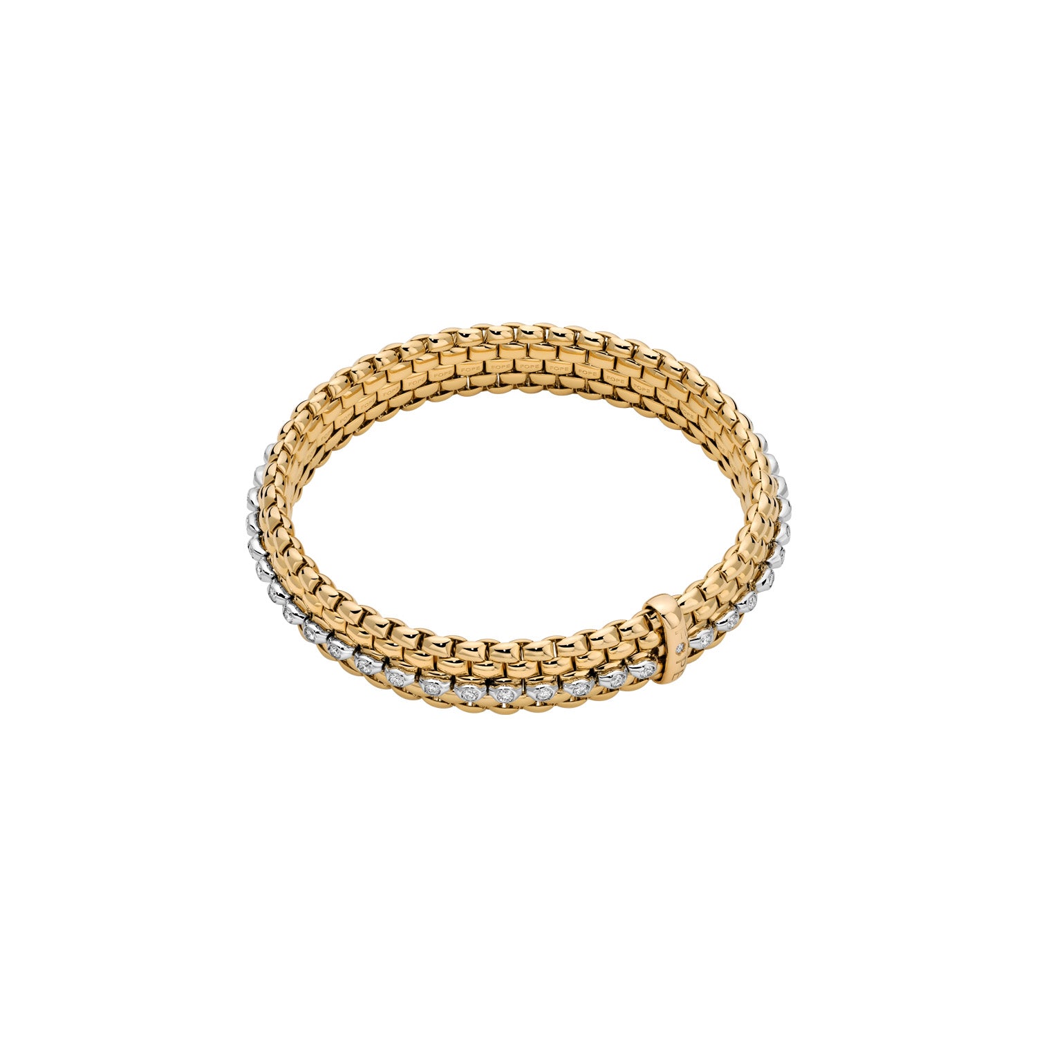 Panorama Bracelet in Yellow Gold with full circle bezel set diamonds set in white gold