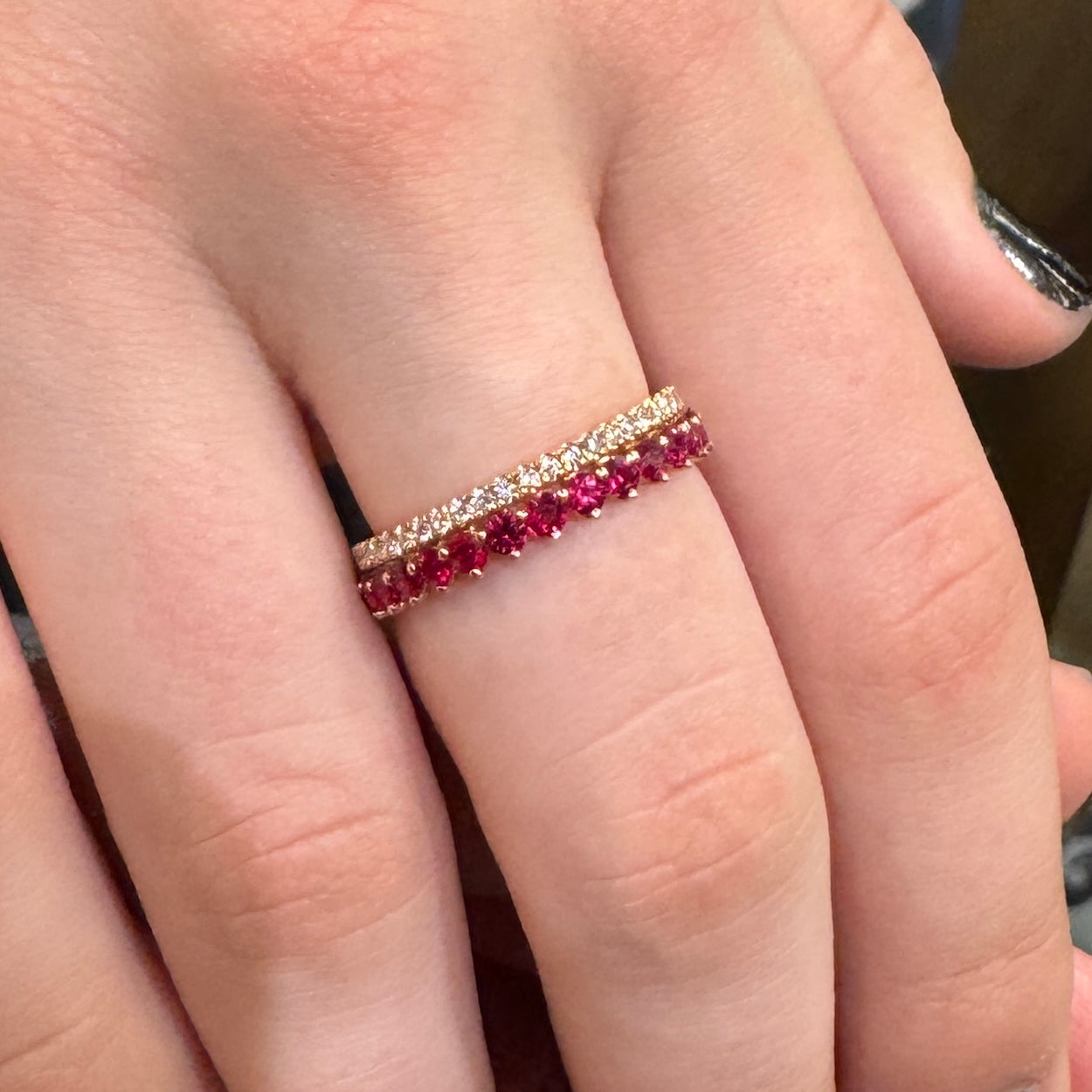 Ruby diamond band ring crown design double row 18ct rose gold