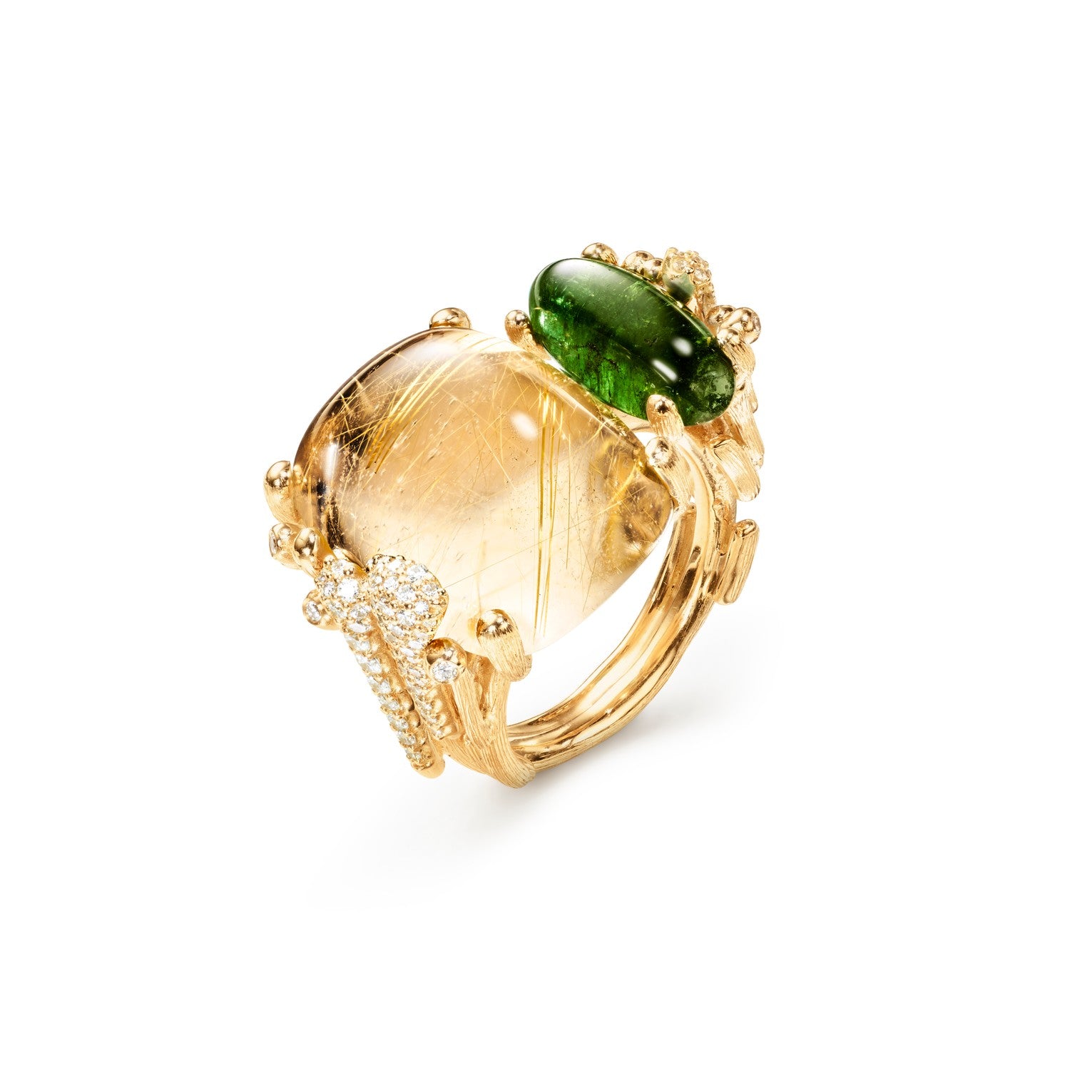 Ole Lynggaard Rutile and Green Tourmaline ring with diamonds