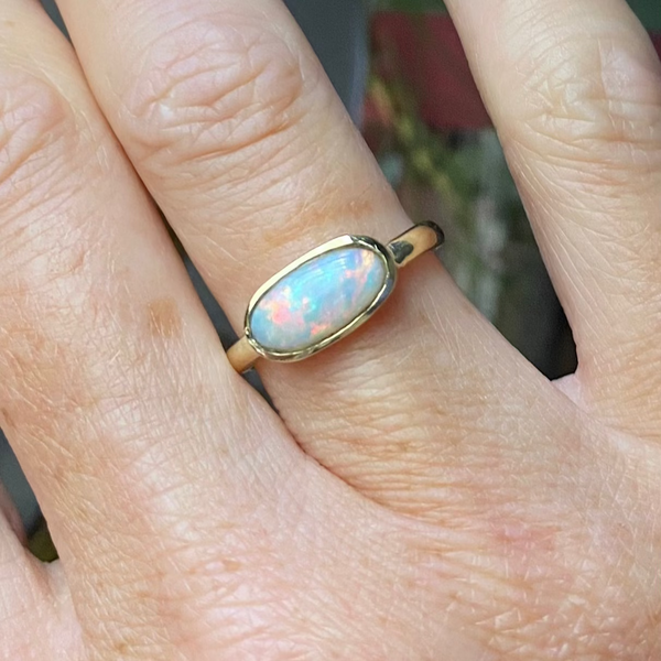 Australian solid white opal ring in 14ct gold