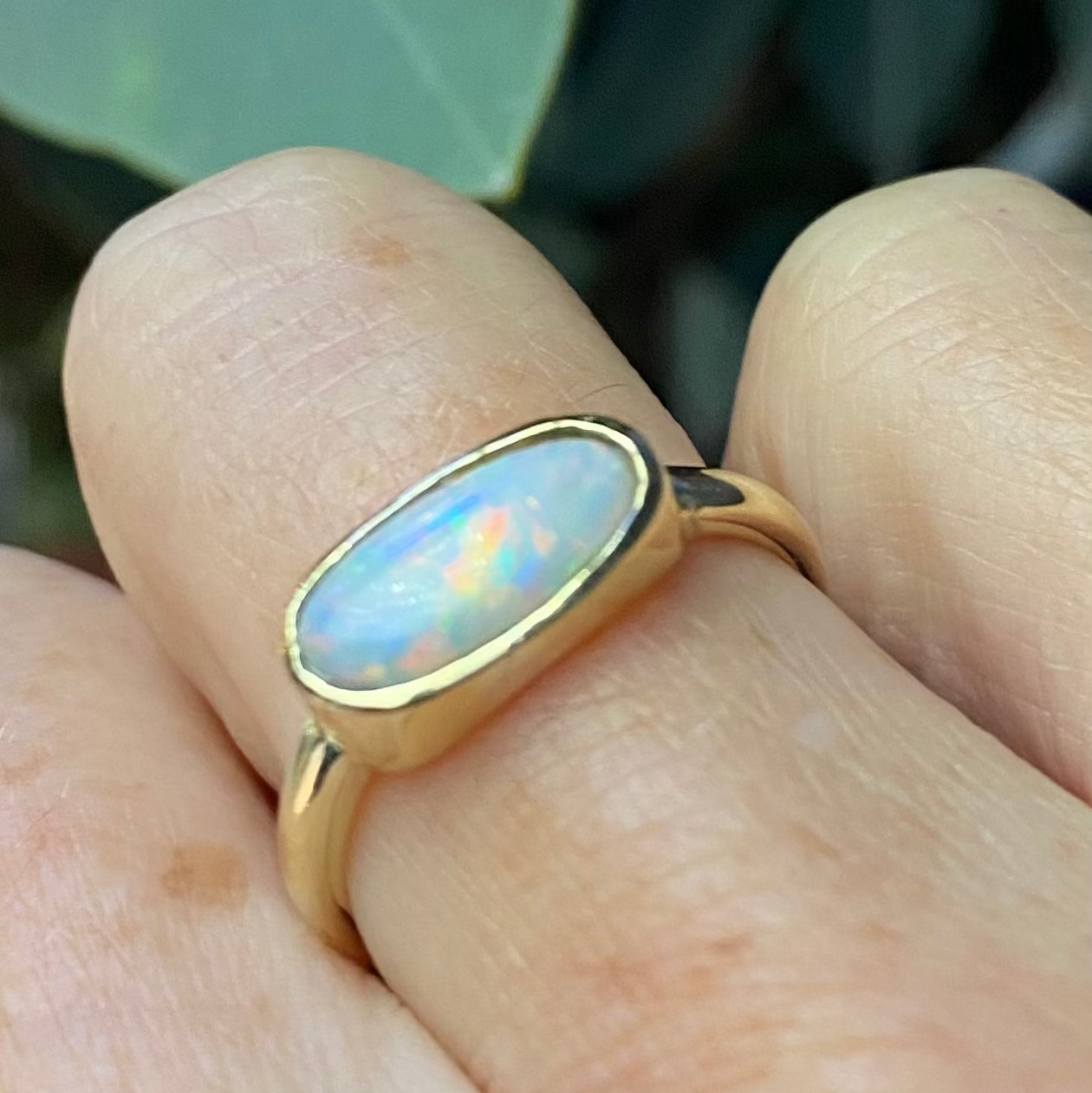 Handmade 14ct gold solid white Australian opal ring