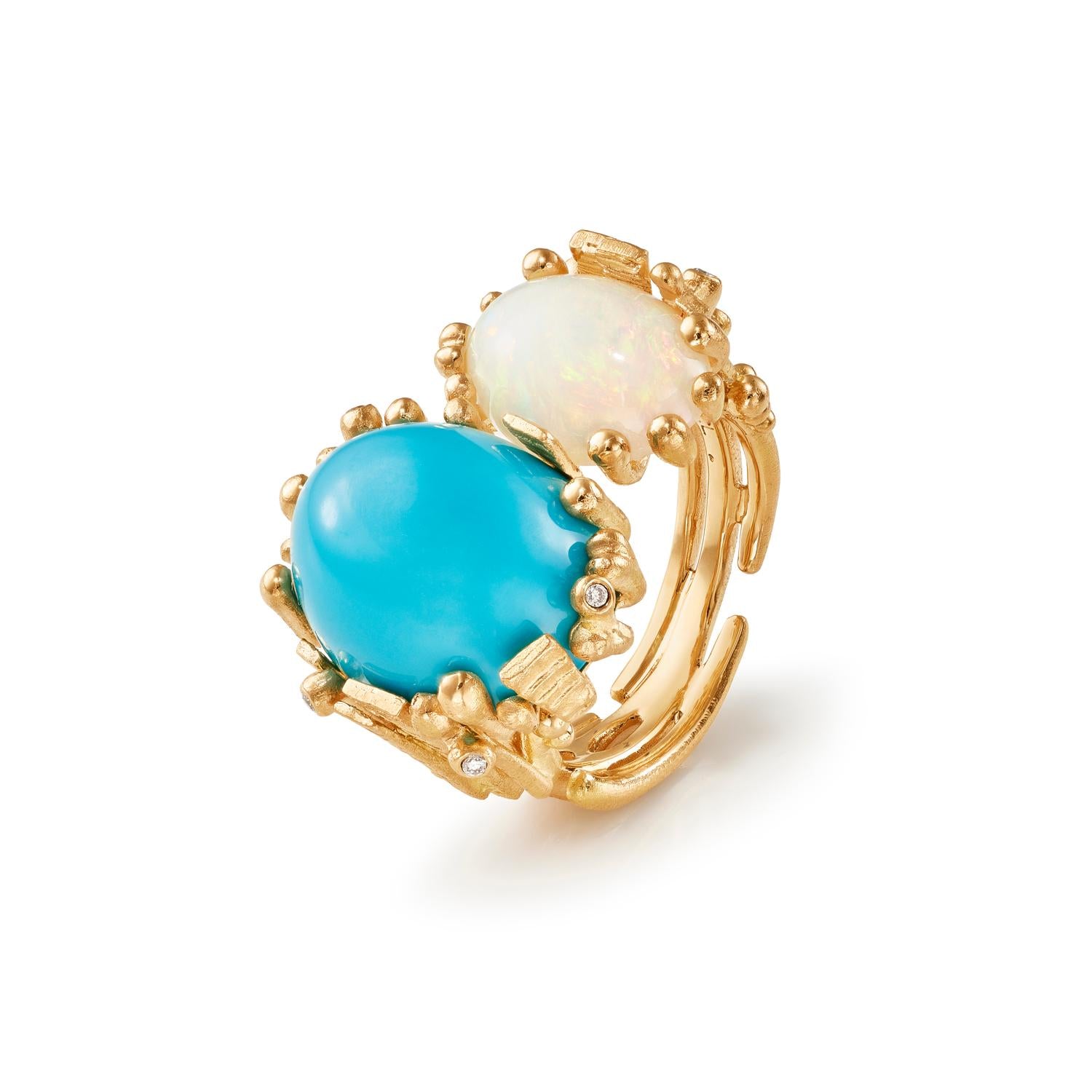 Ole Lynggaard BoHo Ring in gold with Turquoise, White Opal, and diamonds