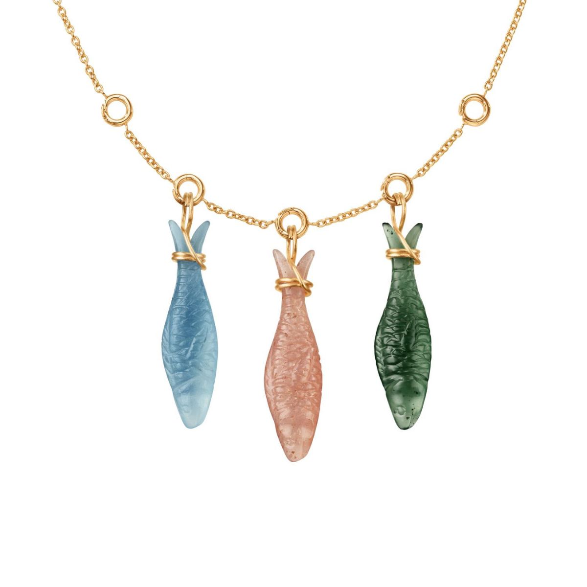 Ole Lynggaard young fish on 5 ring chain aquamarine, blush moonstone, serpentine