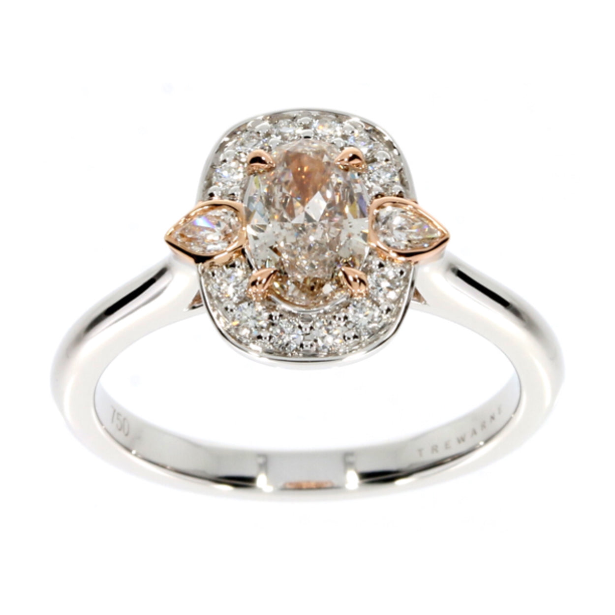 Argyle oval champagne diamond ring pink orange colour with white diamond halo setting set in 18ct white and rose gold Made by Trewarne Melbourne