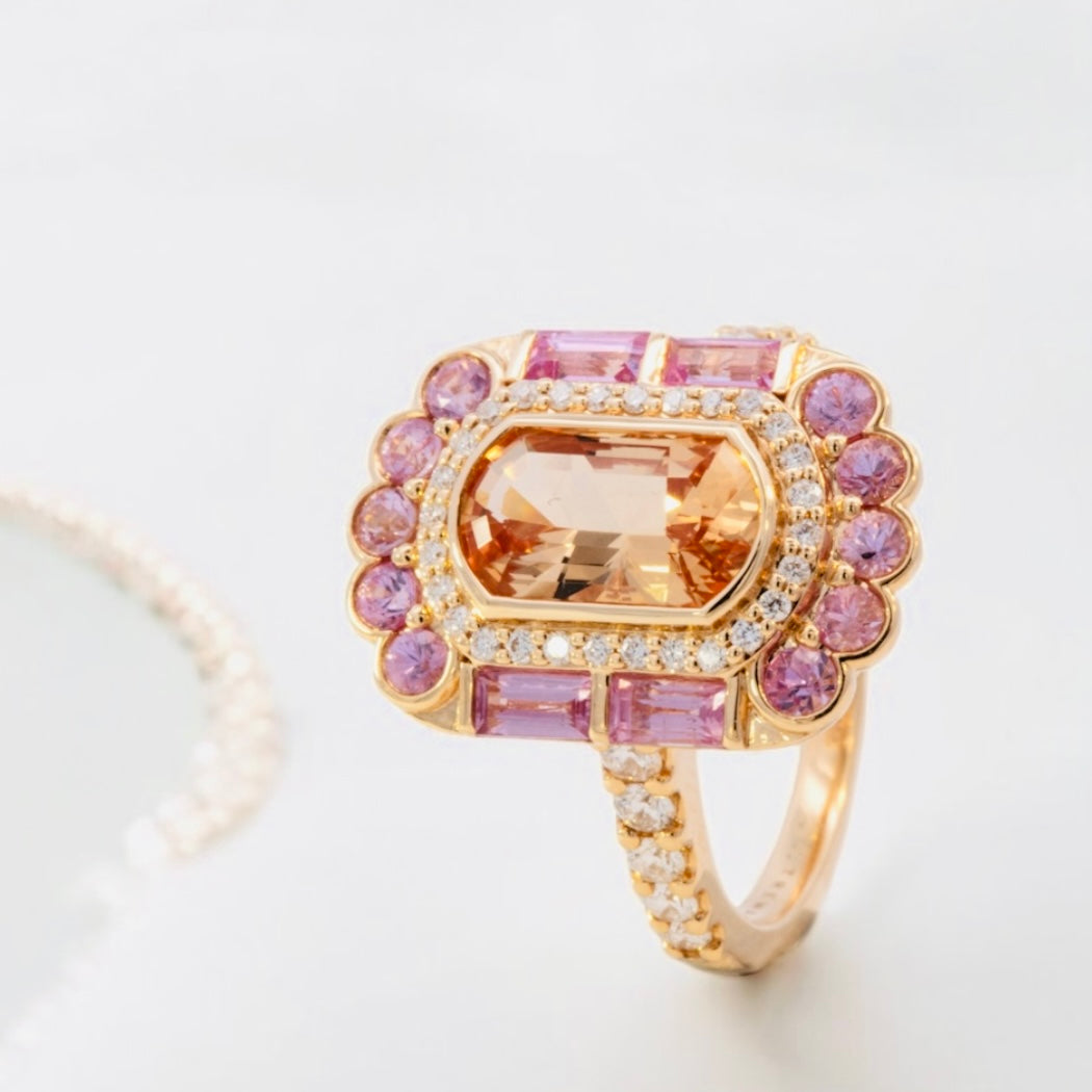 imperial topaz ring pink sapphires diamonds 18ct gold