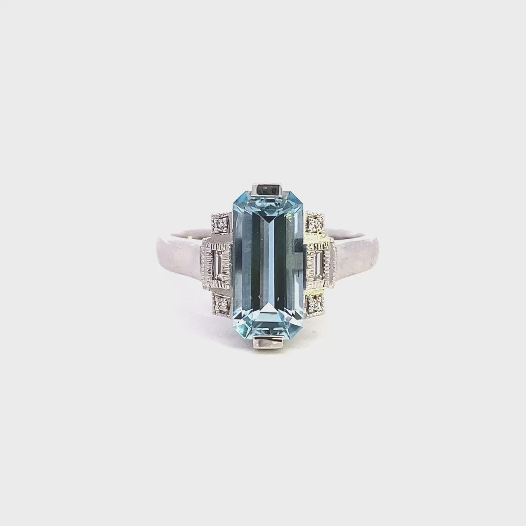 Aquamarine and Diamond Deco Style Ring