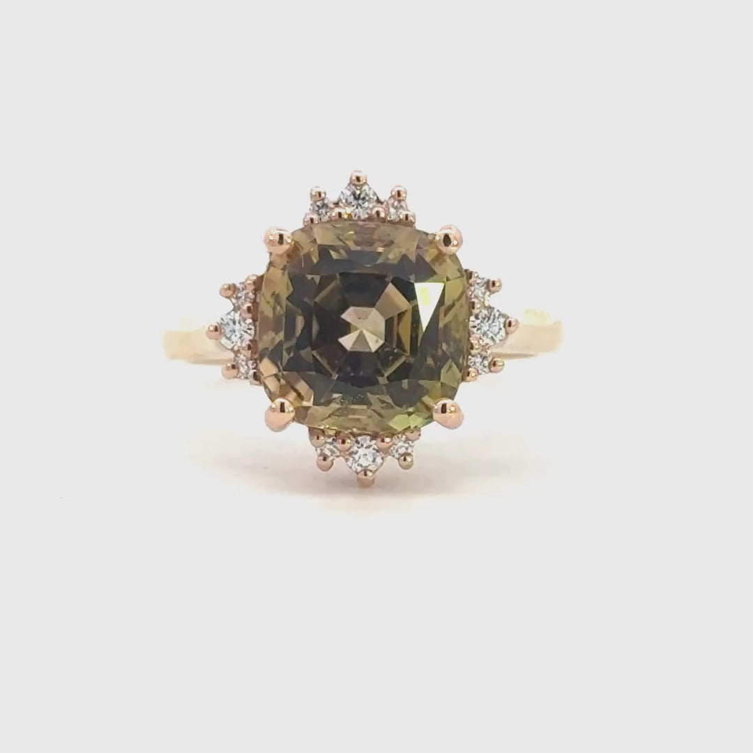 dress rig in 18ct rose and yellow gold featuring autumn bi-colour tourmaline and diamonds. Designed and made by Trewarne Melbourne