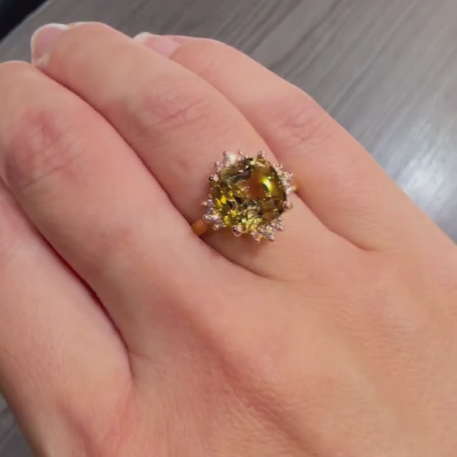 video of dress ring in 18ct gold featuring bi-colour autumn tourmaline and diamonds