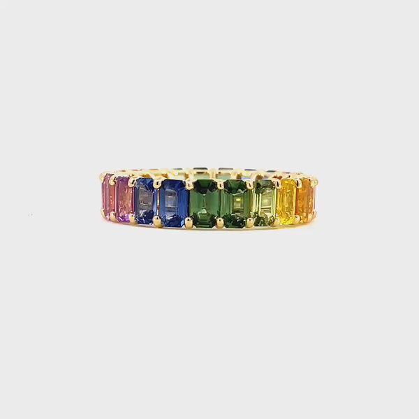 Rainbow Sapphire Ring with Emerald Cut Gemstones