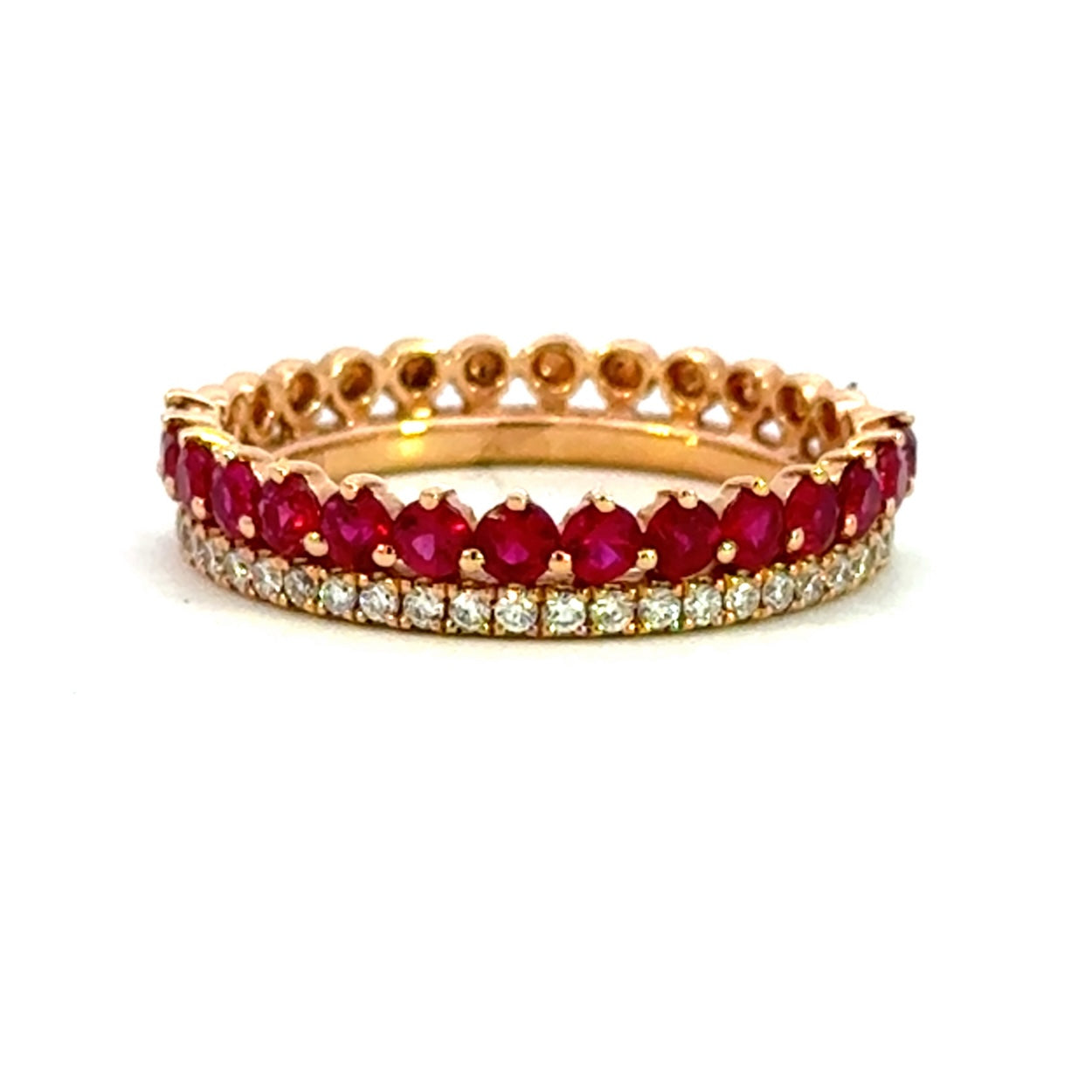 18ct rose gold ruby diamnd band ring double row natural stones