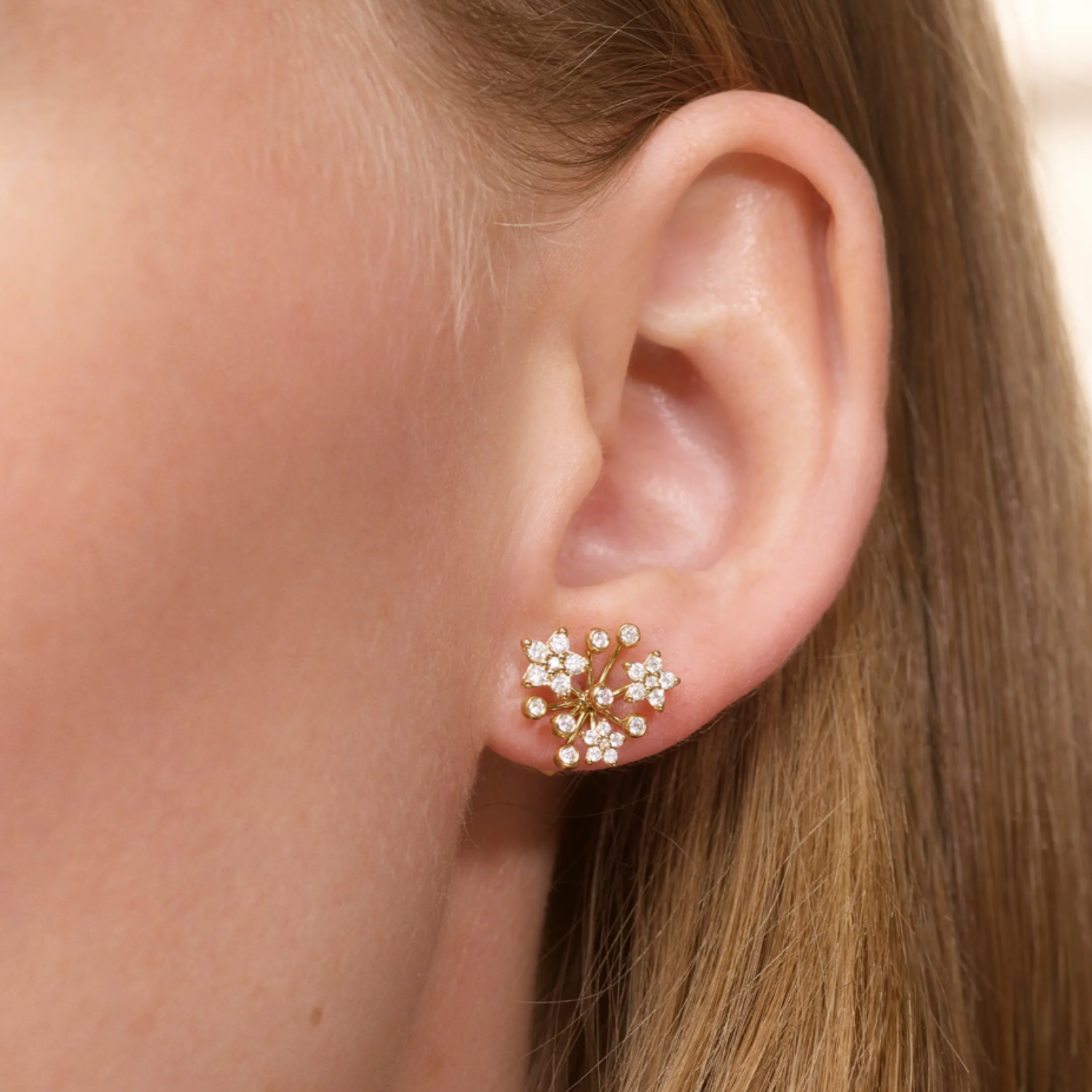 Ole Lynggaard Shooting Start clsuter earrings worn on ear
