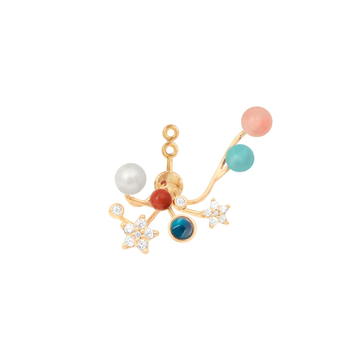 Shooting Stars Earring Pendant, Rose Coral, Turquoise, Pearl, Red Coral & London Blue Topaz, 18K Yellow Gold