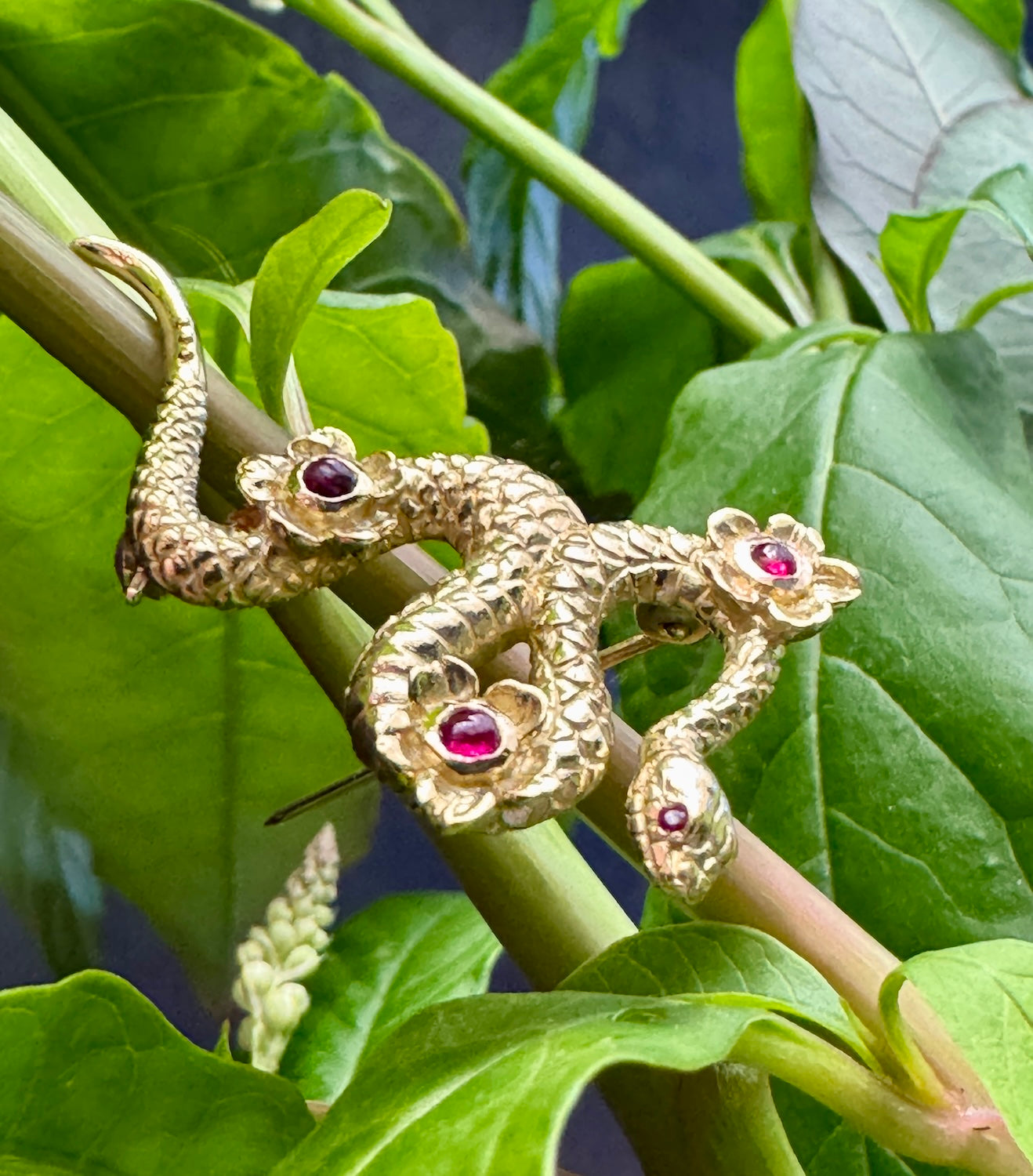 18ct Gold & Ruby Sakura Snake Brooch