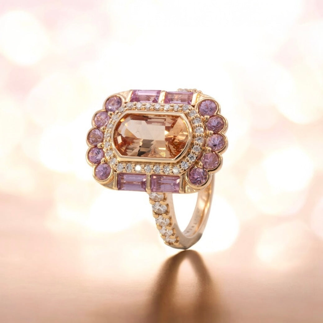victorian style ring with imperial topaz pink sapphire and dimaonds set in 18ct yellow gold trewarne melbourne