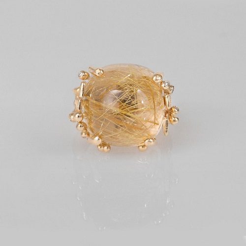 Large Boho Ring in gold with Rutile and diamonds