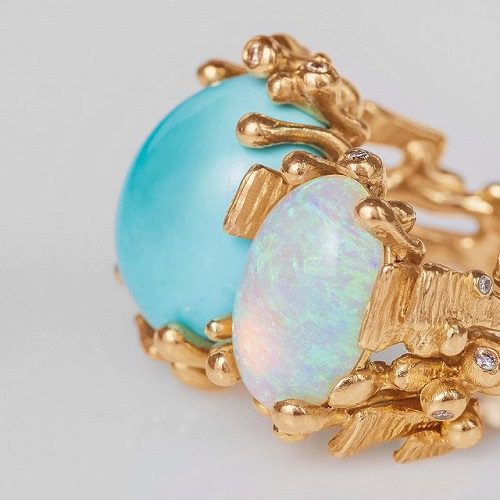 Ole Lynggaard BoHo Ring in gold with Turquoise, Opal, and diamonds